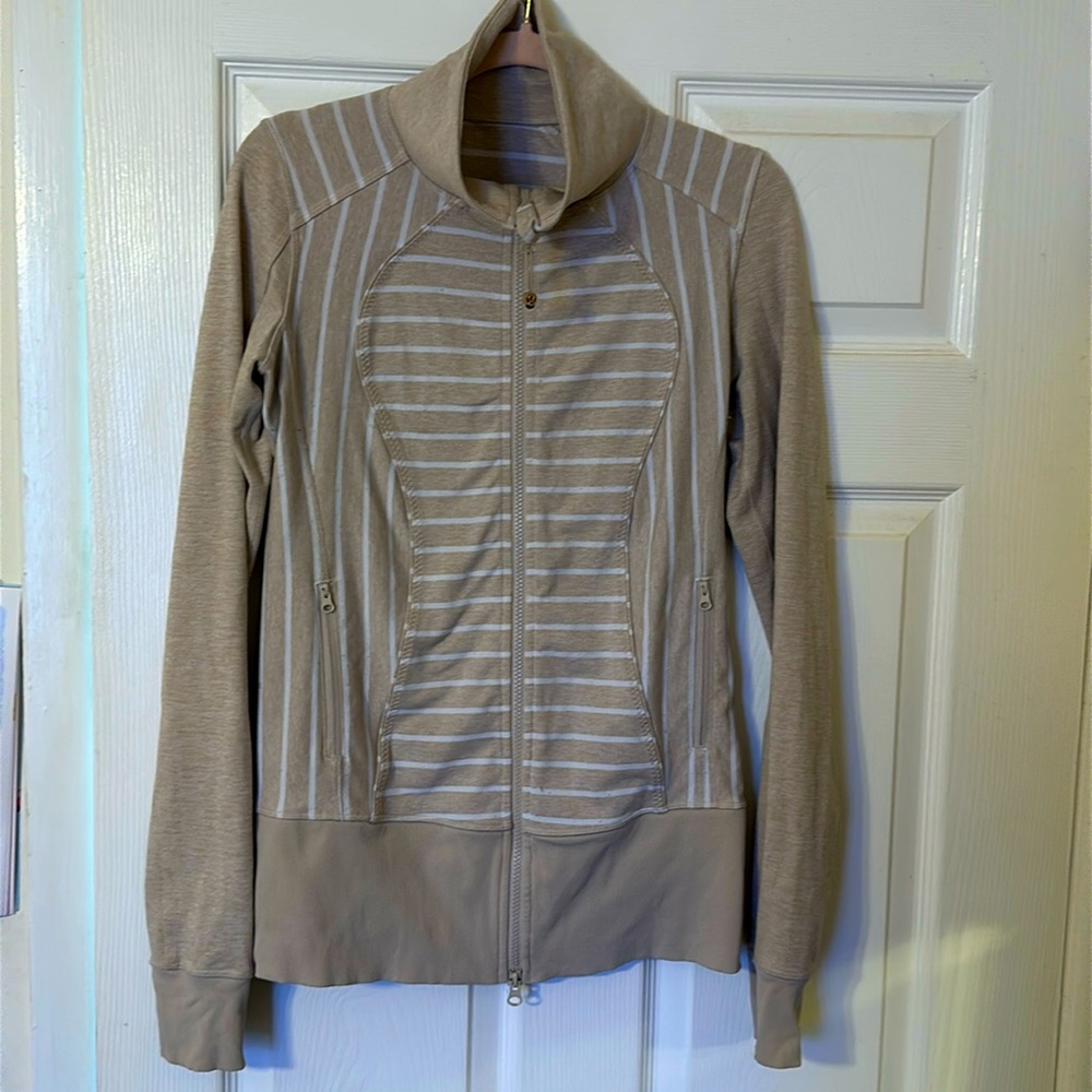 lululemon athletica Beige and White Striped Zip-Up Jacket